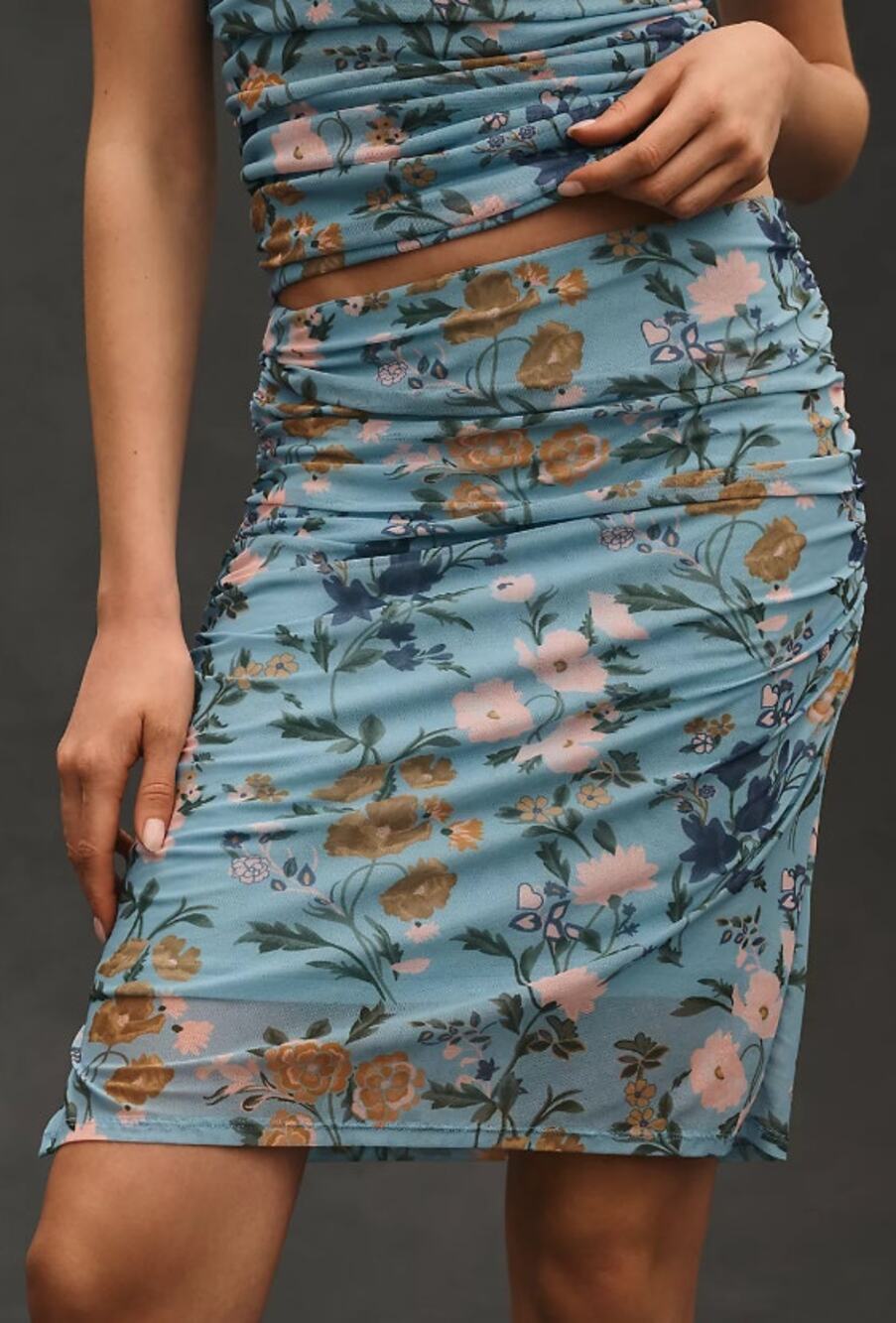 Anthropologie Ruched Floral Mesh Midi Skirt Blue Lined NWT Women's Medium